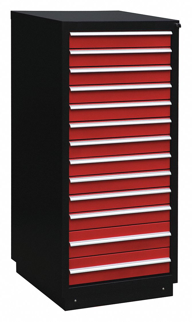 Modular Drawer Cabinet: 28 3/4 in x 28 in x 62 1/4 in, 13 Drawers, Black/Red