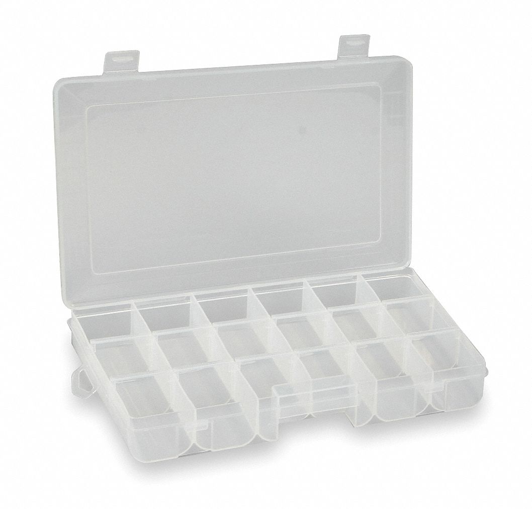 ADJUSTABLE COMPARTMENT BOX, 7⅜ IN X 11½ IN X 1⅝ IN, CLEAR, 18 COMPARTMENTS