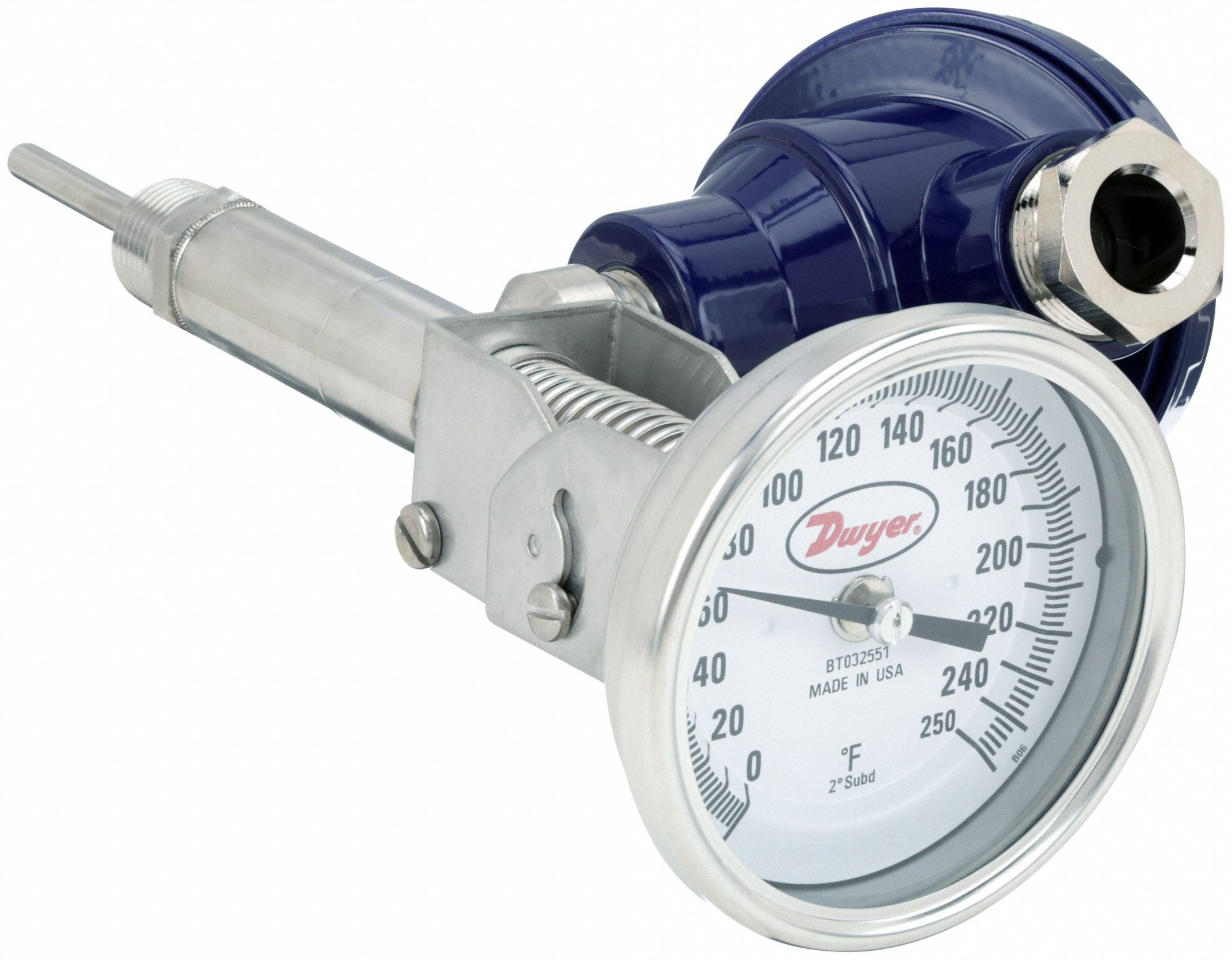 Dial Thermometer With Process Output: 0°F to 250°F, +/- 1% Accuracy, 2.5 in Stem Lg, Male