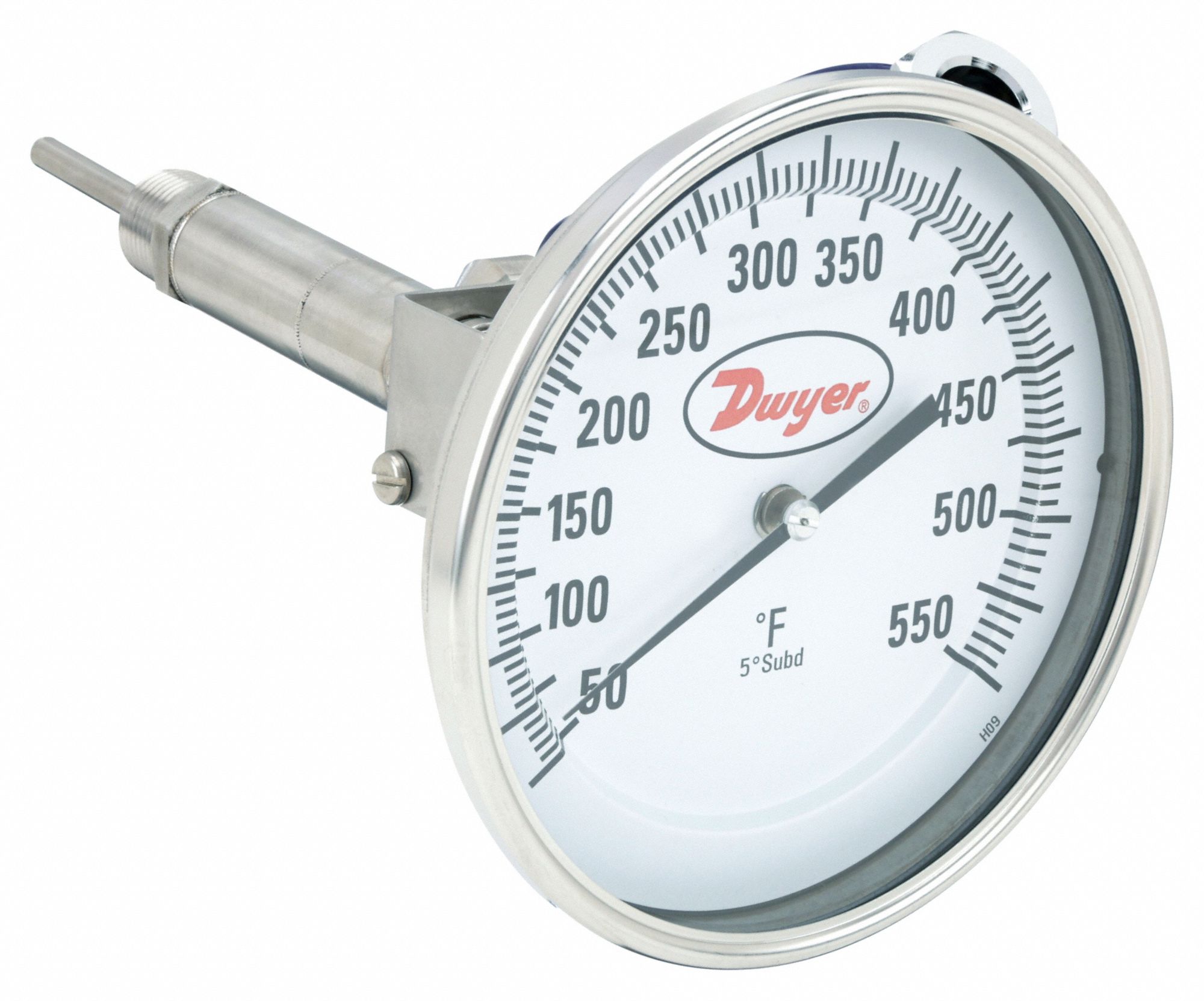 Dial Thermometer With Process Output: 50°F to 550°F, +/- 1% Accuracy, 2.5 in Stem Lg, Male