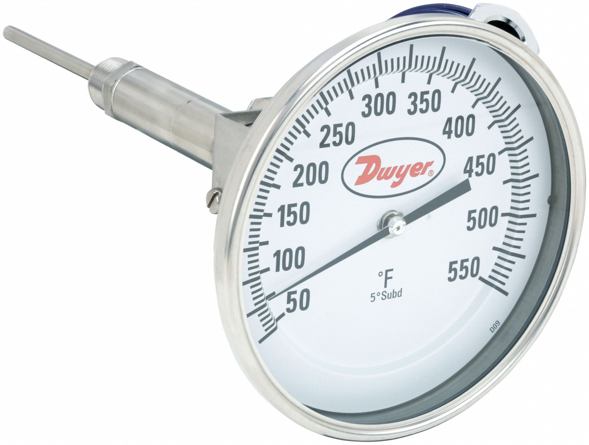 Dial Thermometer With Process Output: 50°F to 550°F, +/- 1% Accuracy, 4 in Stem Lg, Male