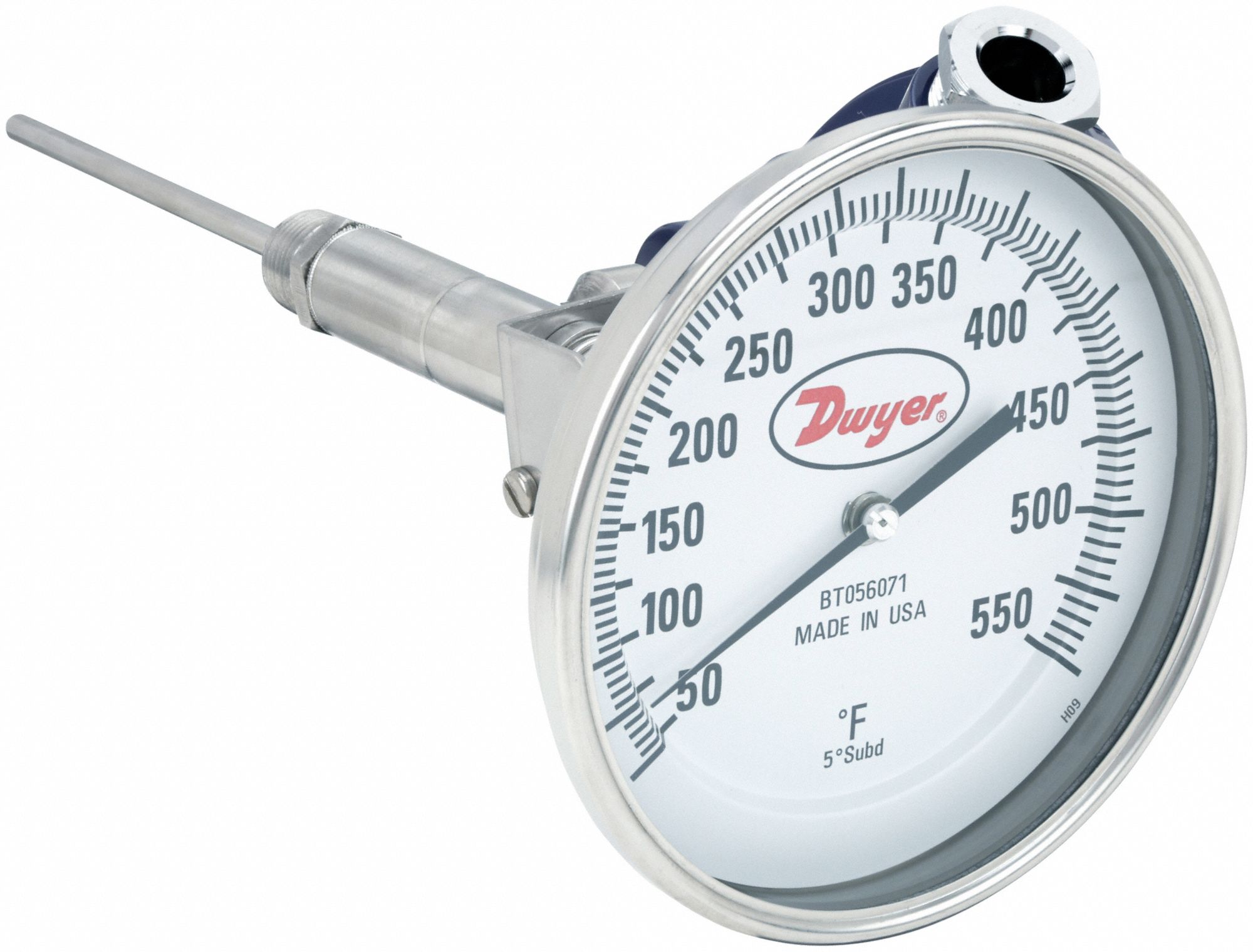 Dial Thermometer With Process Output: 50°F to 550°F, +/- 1% Accuracy, 6 in Stem Lg, Male