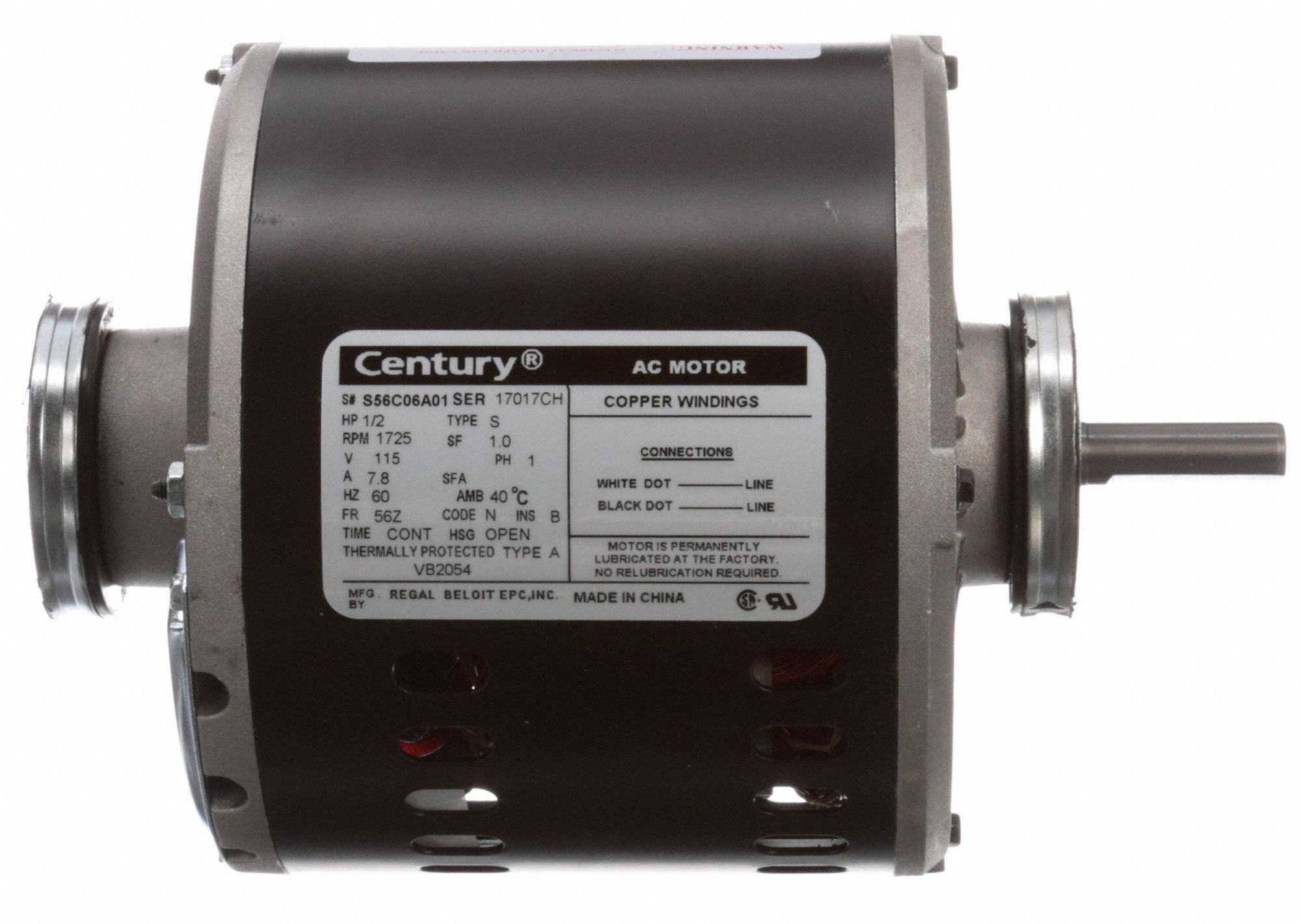 CENTURY OTEB2054AV1 Motor,1/2 HP,1725 rpm,56Z,115V 