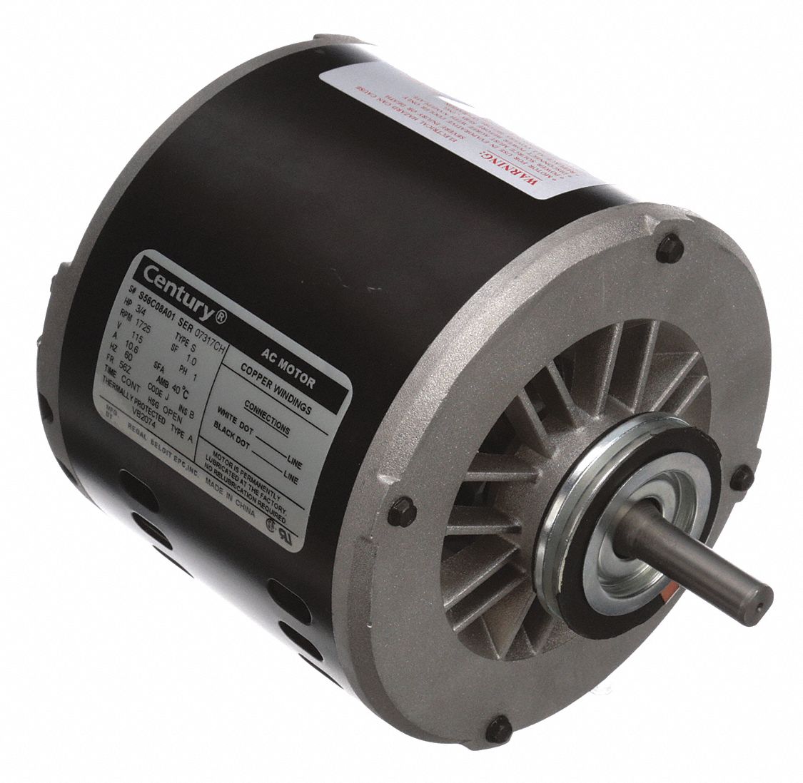 CENTURY Evaporative Cooler Motor: 1 Speed, 3/4 HP, 1,725 Nameplate RPM,  115V AC, 56Z Frame, CCWLE