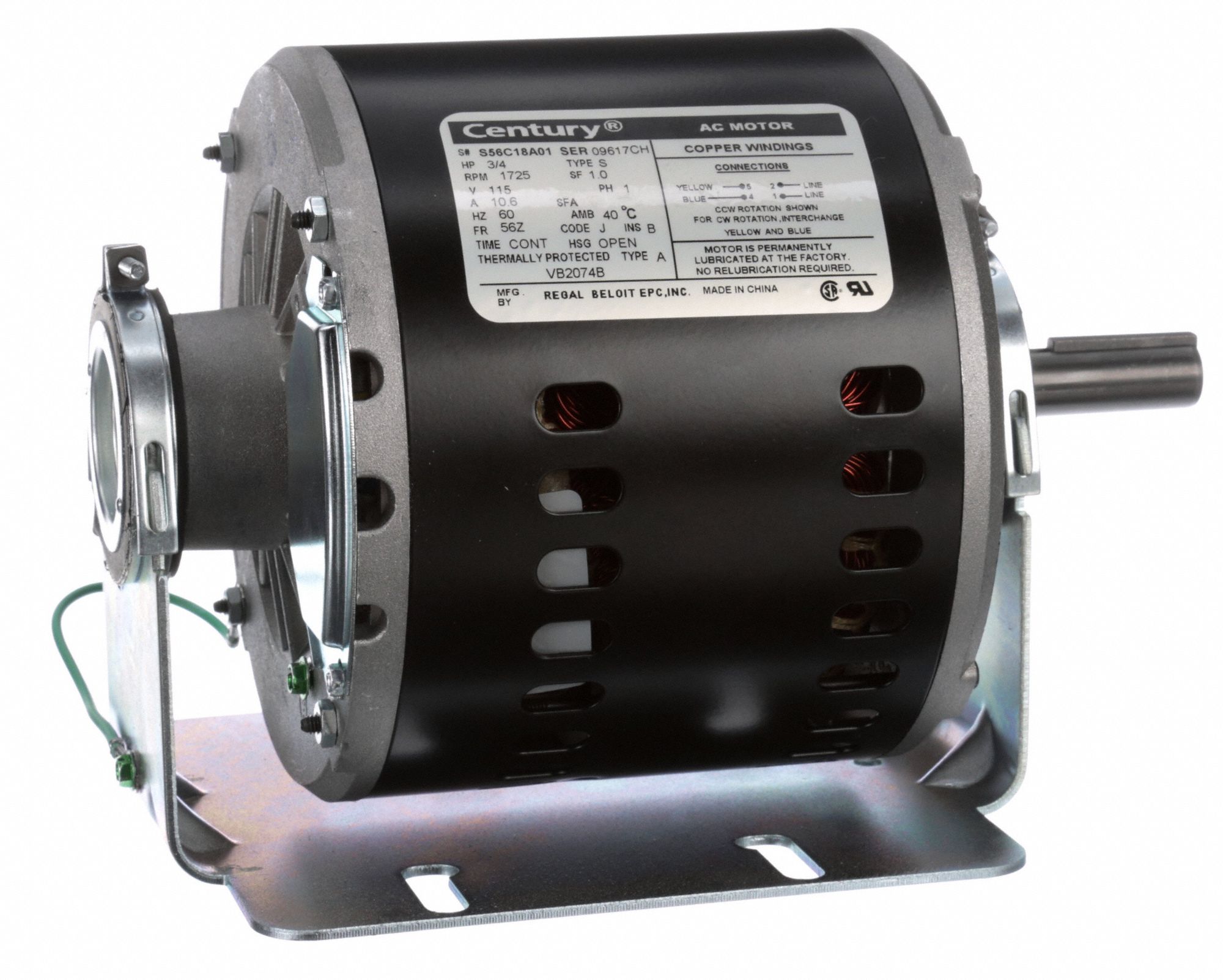 CENTURY Evaporative Cooler Motor, 3/4 HP, Split-Phase, Nameplate RPM