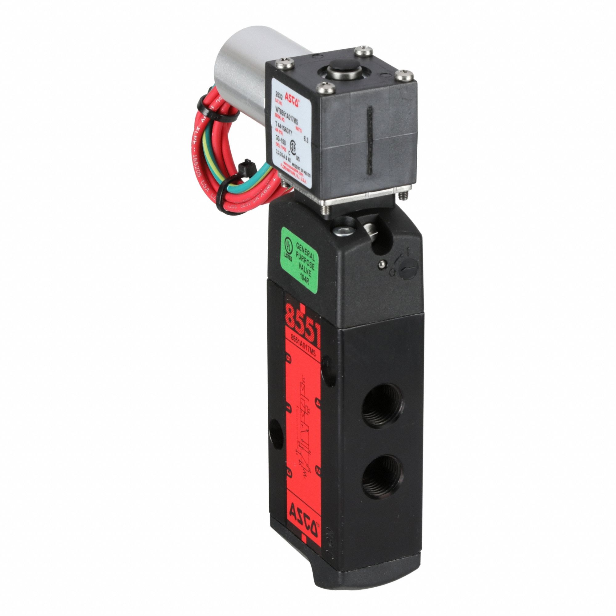 ASCO Solenoid Valve: 3-Way, Configurable, 1/4 in Pipe Size, 110V AC/120V AC, Remote Pilot, NBR Seal (MPN WT8551A017MS). Key specifications — Pipe Size: 1/4 in; Voltage: 120V AC; Brand: ASCO; Coil Enclosure: Without Junction Box.