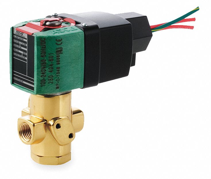 SOLENOID VALVE: 3-WAY, CONFIGURABLE, ¼ IN PIPE, 100 TO 240V AC, DIRECT MOUNT, BRASS BODY