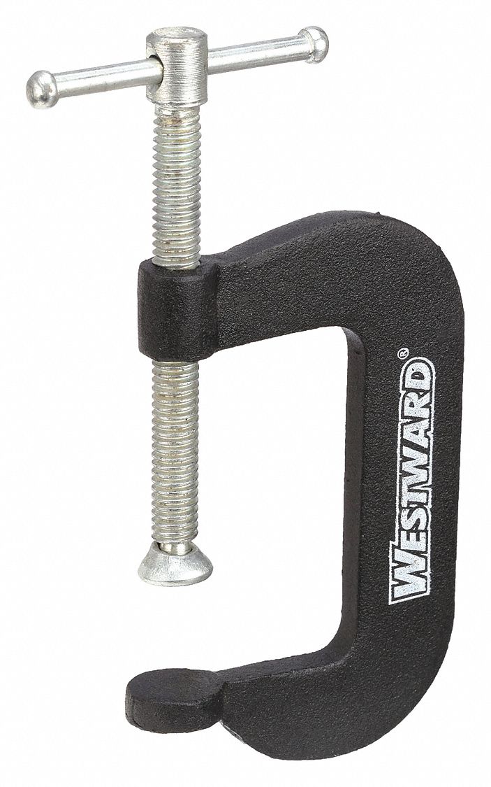 C-Clamp: Light Duty, Flat, Swivel, Sliding T Handle, 0 in – 2 in Jaw Opening, Zinc Plated