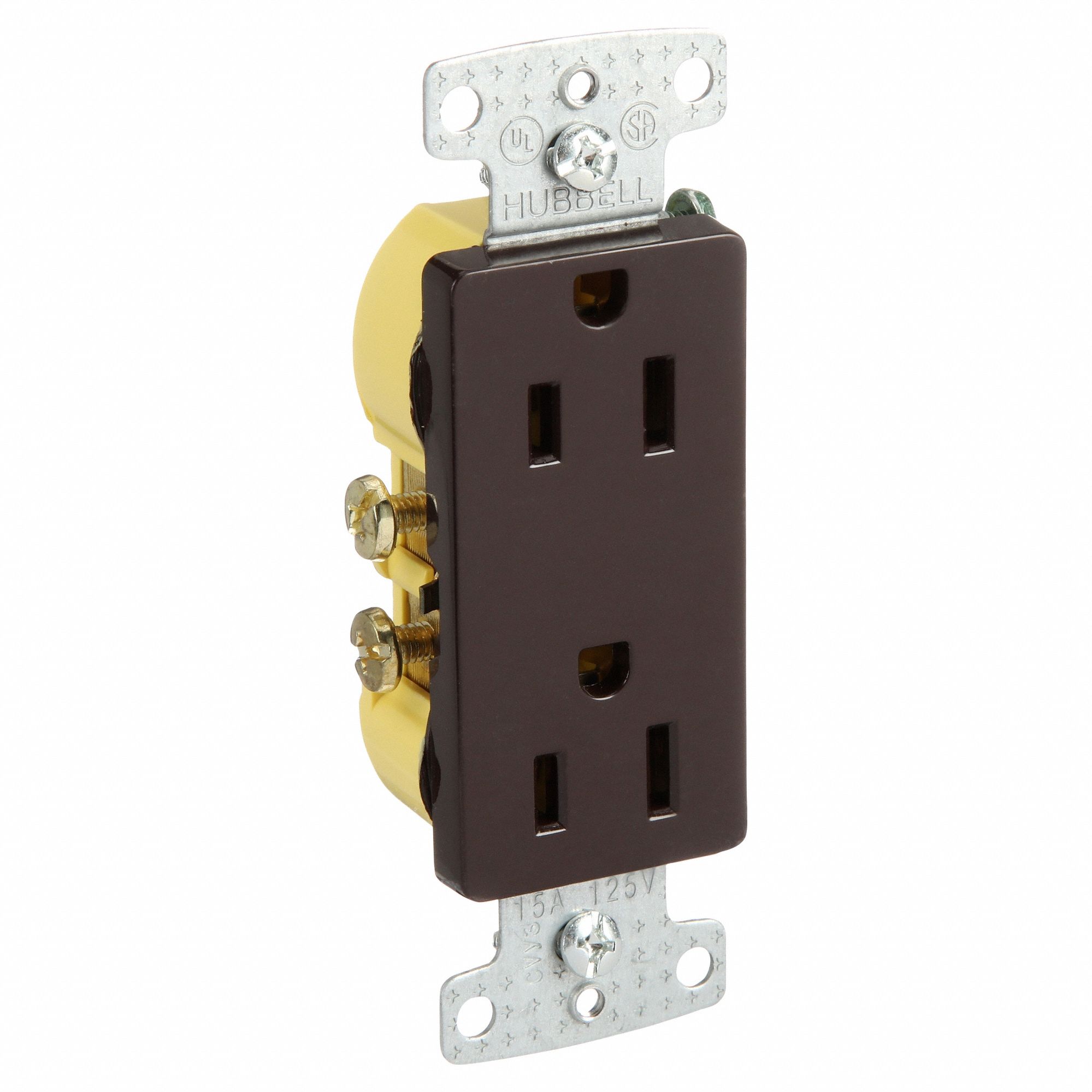 RECEPTACLE, DECORATOR DUPLEX, BROWN, 5-15R, 15 A, 125V AC, 2 POLE/3 WIRE, PUSH IN, GEN USE