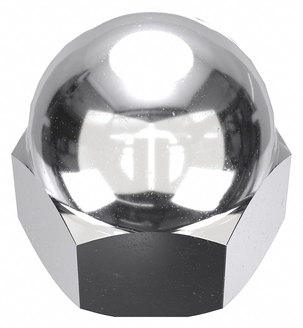 Cap Nut: #12-24 Thread, Chrome-Plated, 12L14, Steel, 0.41 in Ht, 3/8 in Hex Wd, 5 PK
