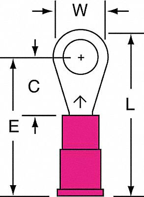 Ring Terminal: Red, Vinyl Insulation, #10 Stud Size, 22 AWG to 18 AWG Wire Sizes, 1, 000 V