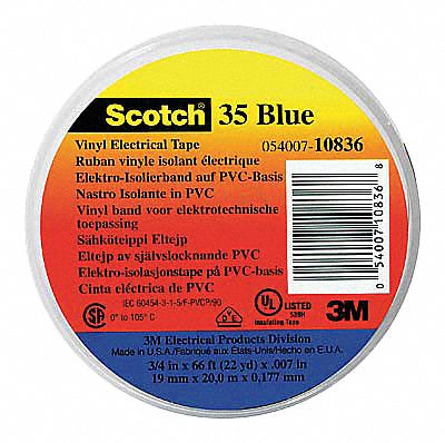 INSULATING ELECTRICAL TAPE, GEN PURPOSE, SCOTCH, 35, VINYL, ½ IN X 20 FT, BLUE, 100 PK