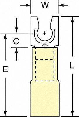 Fork Terminals: Yellow, Heat Shrink, #8 Stud Size, 12 AWG – 10 AWG Wire Range, Locking Fork