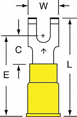 Fork Terminals: Yellow, Nylon, #8 Stud Size, 12 AWG – 10 AWG Wire Range, Flanged Fork, 600 V