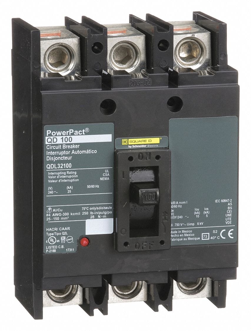 Molded Case Circuit Breaker: 100 A Amps, 25kA at 240V AC, Fixed, Lug, ABC, 3 Poles, 240V AC, QD
