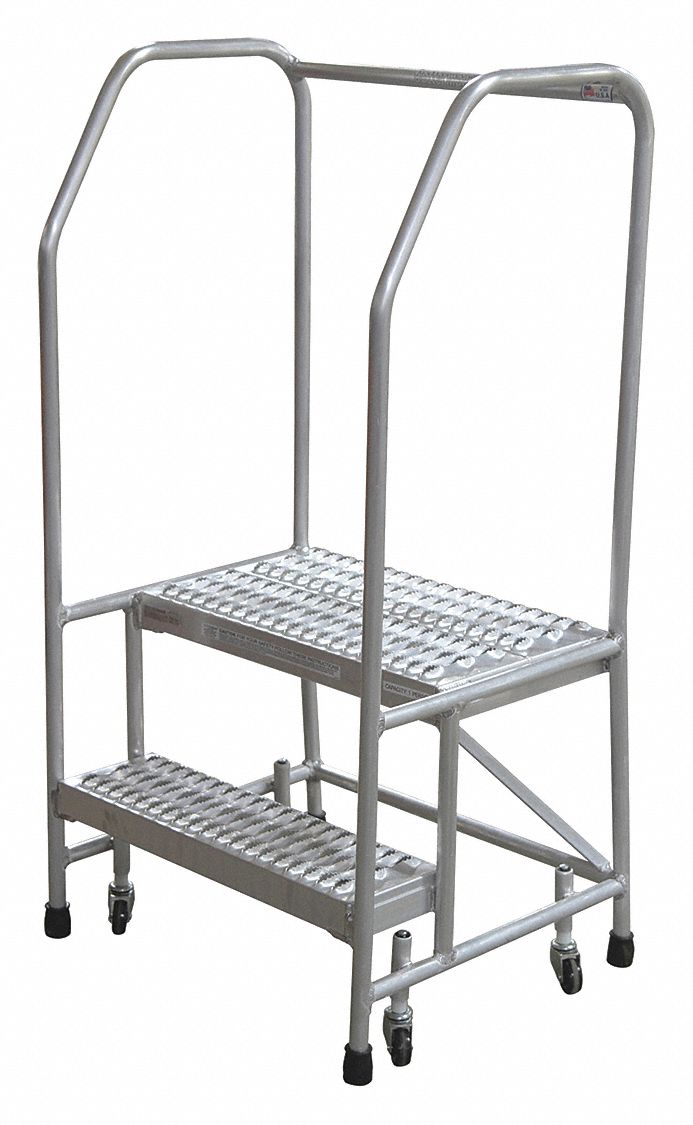 Rolling Ladder: 1.7 ft Platform Ht, Assembled, Aluminum, Wt-Actuated, Serrated