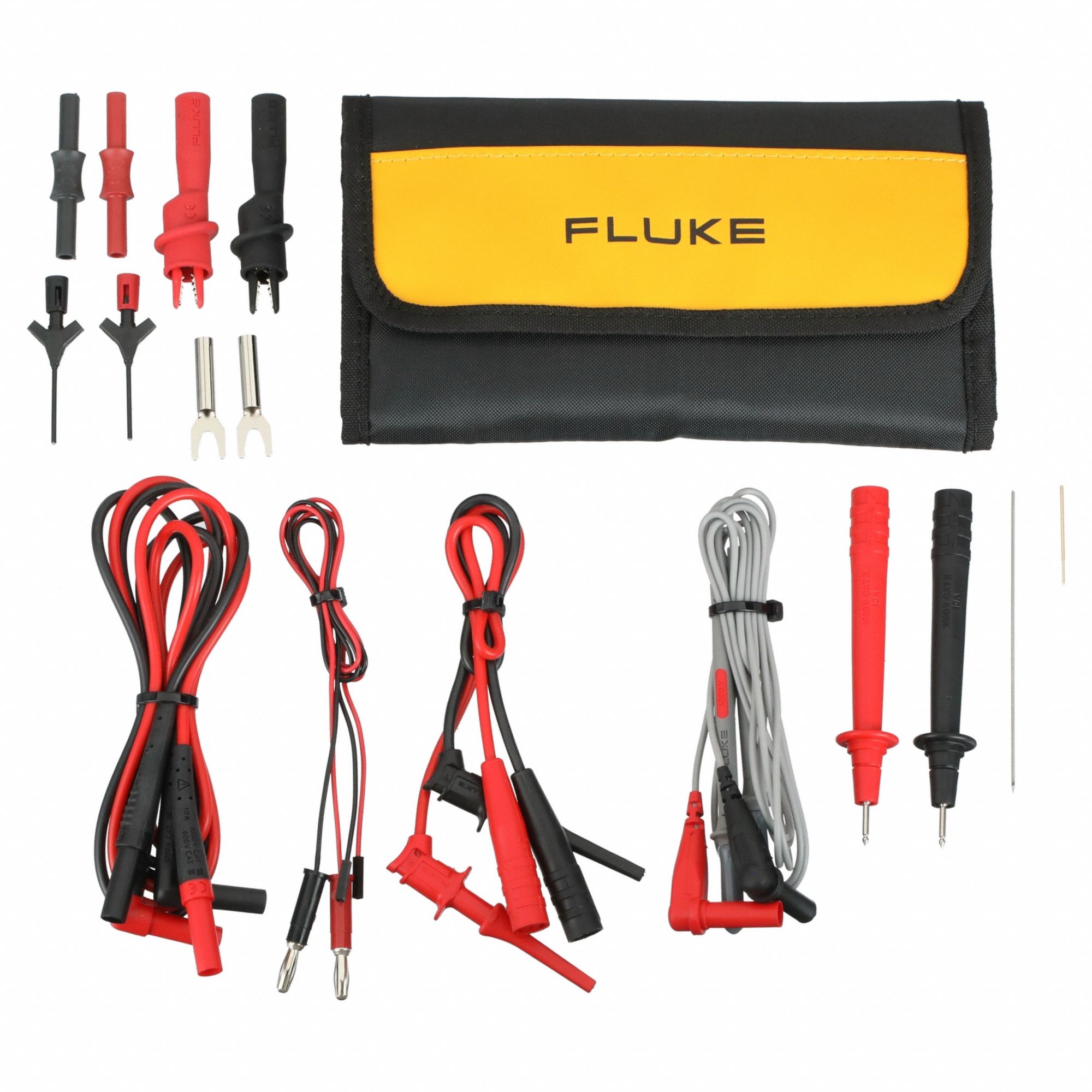 FLUKE Test Lead Kit: CAT II 300V/CAT III 1000V, Alligator  Clip/Grabber/Probe, 4 11/12 ft Lg