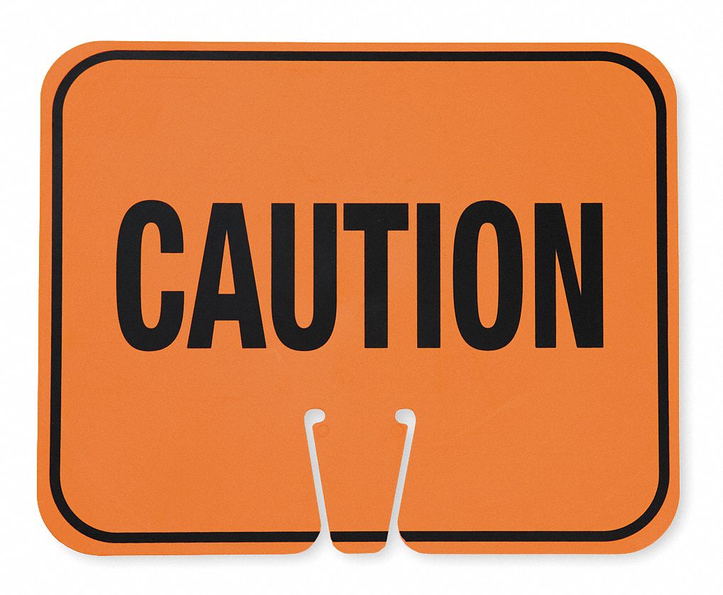 Traffic Cone Sign: Plastic, 10 3/8 in Ht, 12 3/4 in Lg, Orange/Black, Caution