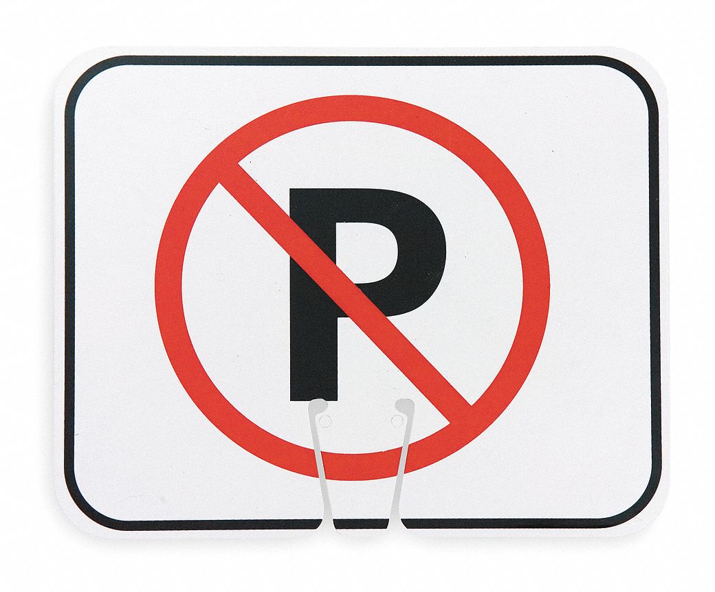 Traffic Cone Sign: Plastic, 10 3/8 in Ht, 12 3/4 in Lg, White/Black, No Parking