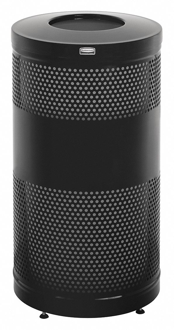 TRASH CAN, CLASSICS, ROUND, FLAT WITH TOP OPENING TOP, STEEL, BLACK