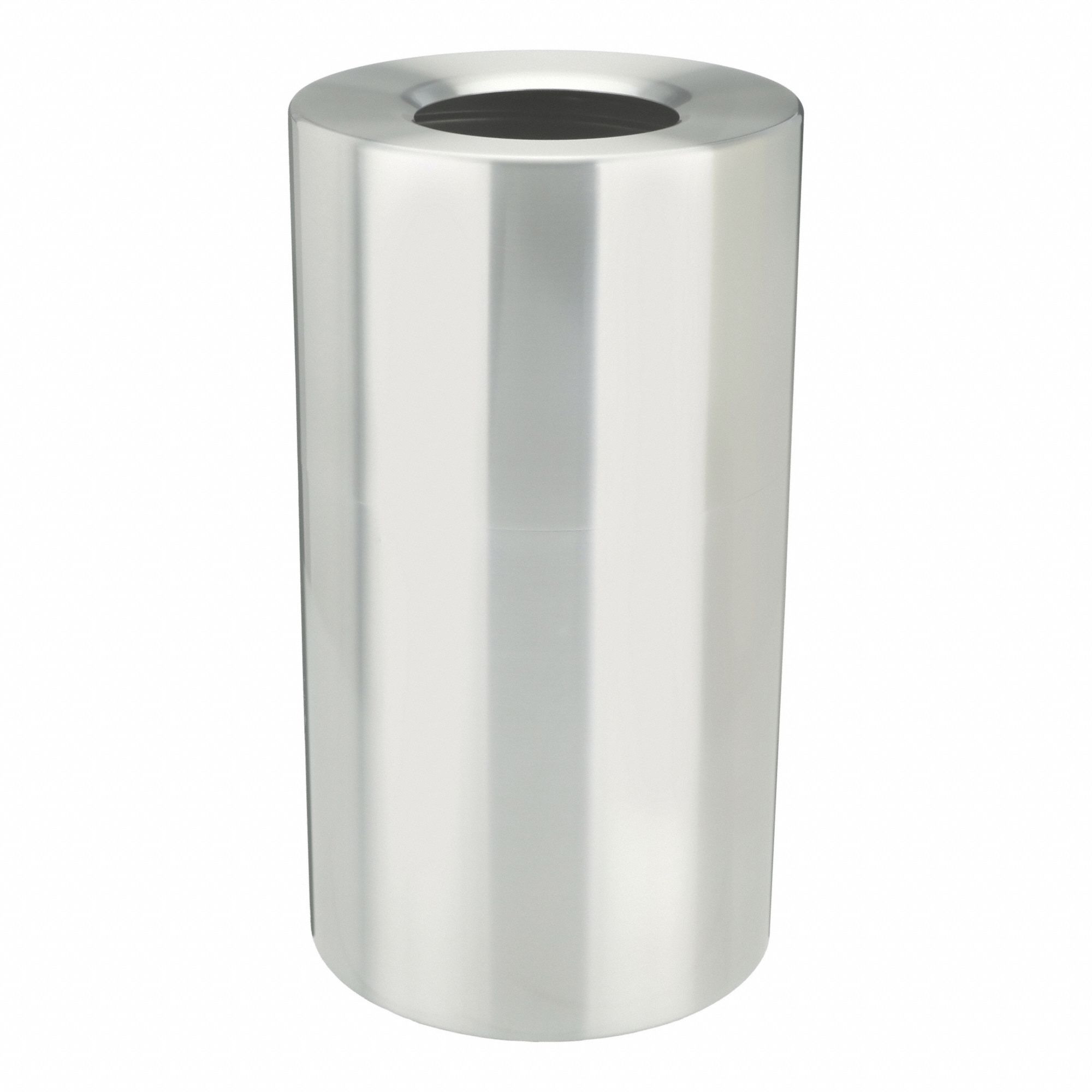 TRASH CAN, ALUMINUM, FLAT WITH TOP OPENING TOP, SILVER