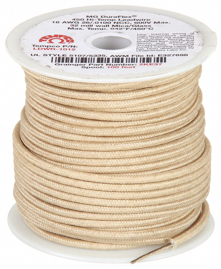 TEMPCO, 16 AWG Wire Size, Natural, High Temp Lead Wire - 2KE37