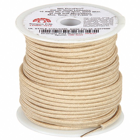 TEMPCO High Temp Lead Wire: 16 AWG Wire Size, Natural, 100 ft Lg, MG