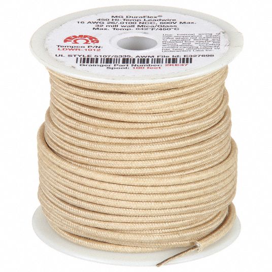TEMPCO, 16 AWG Wire Size, Natural, High Temp Lead Wire - 2KE37