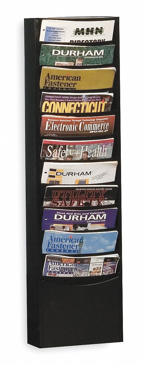 Literature Rack: 11 Compartments, Black, Steel, 36 in Overall Ht