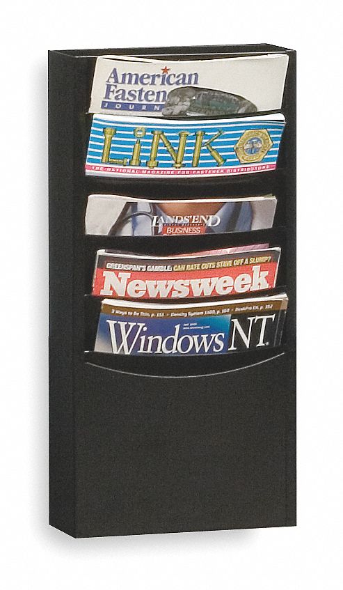 Literature Rack: 5 Compartments, Black, Steel, 20 1/4 in Overall Ht, 4 1/8 in Overall Dp