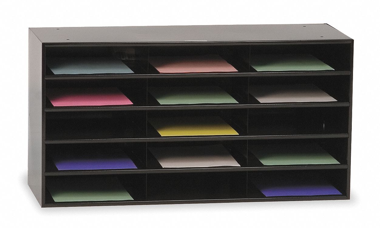 Literature Rack: Black, 15 Compartments, 11 3/4 in Overall Dp, 33 7/8 in Overall Wd