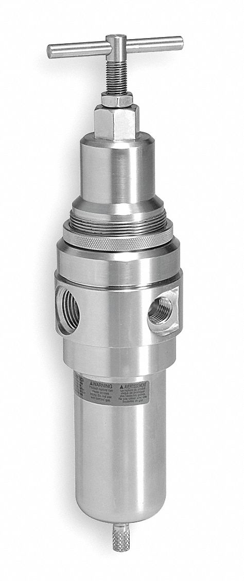 Filter-Regulator: Stainless Steel Bowl, 1/2 in NPT, 72 cfm, 5 micron, 0 psi to 125 psi