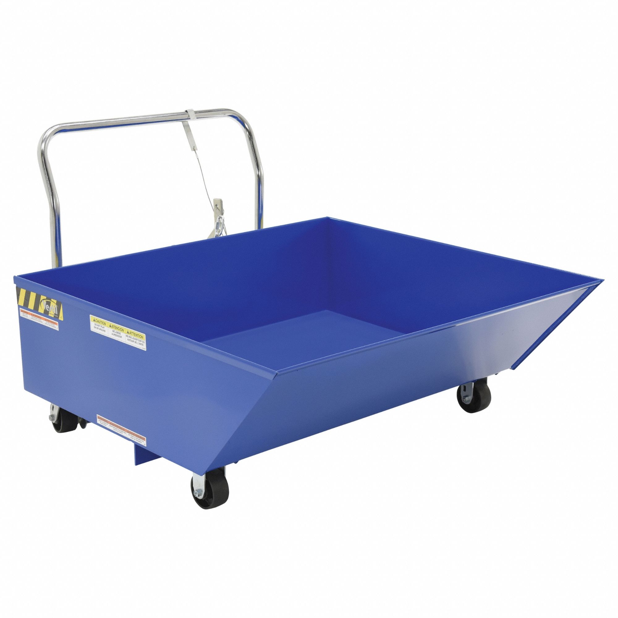 SELF DUMPING HOPPER, LOW PROFILE HOPPER, STEEL, CASTERS INCLUDED, CHAIN/CABLE, BLUE