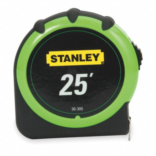 Stanley Tape Measure: 25 ft Tape Lg, 1 in Tape Wd, Plastic Case, Polymer, 7 ft Standout Lg, Auto, Yellow Tape, SAE, inch