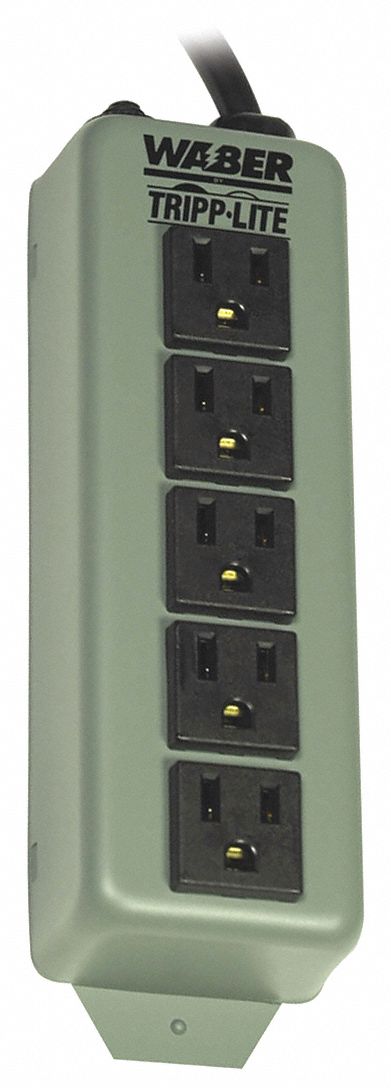 OUTLET STRIP, 5 OUTLETS, 6 FT CORD, 15 A MAX, GREY, NEMA 5-15P, 7⅜ IN L