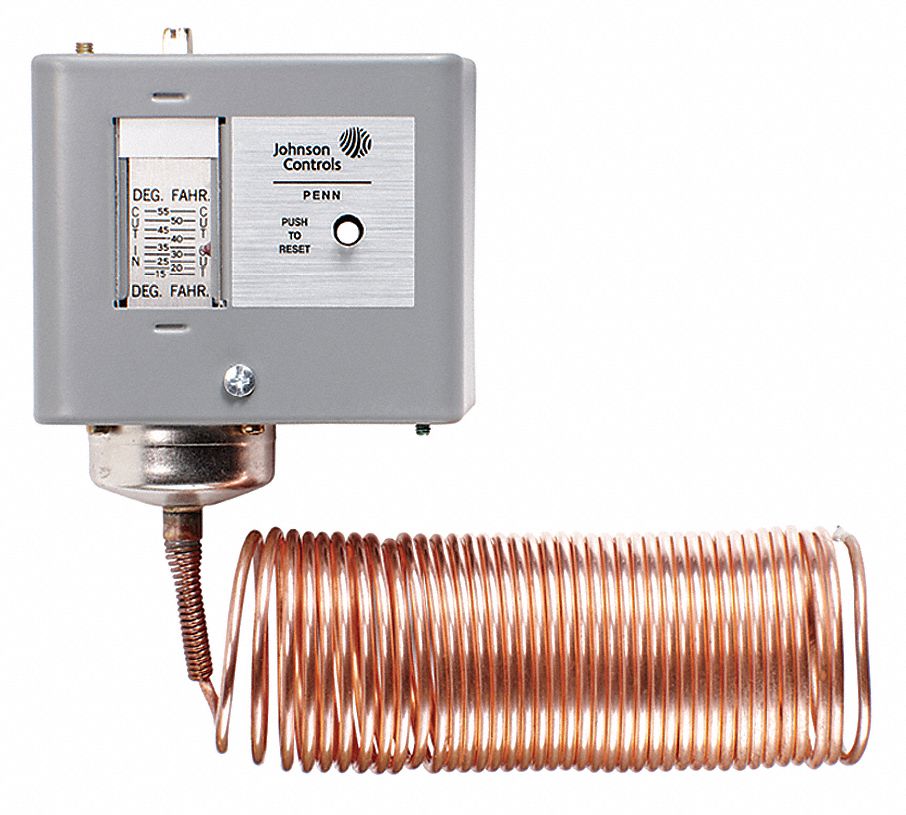 LINE VOLT MECHANICAL THERMOSTAT, 15 °  TO 55 °  F, STEEL, MANUAL RESET, 2 °  F