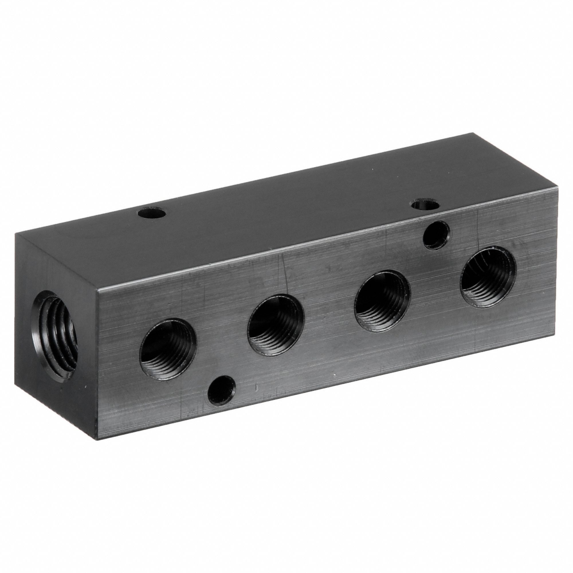 MANIFOLD: INLINE, BLACK ANODIZED 6061 ALUMINUM, 4 OUTLETS, ¼ IN FEMALE NPT INLET