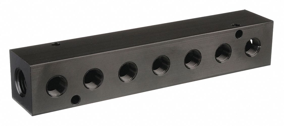 MANIFOLD: INLINE, BLACK ANODIZED 6061 ALUMINUM, 7 OUTLETS, ½ IN FEMALE NPT INLET