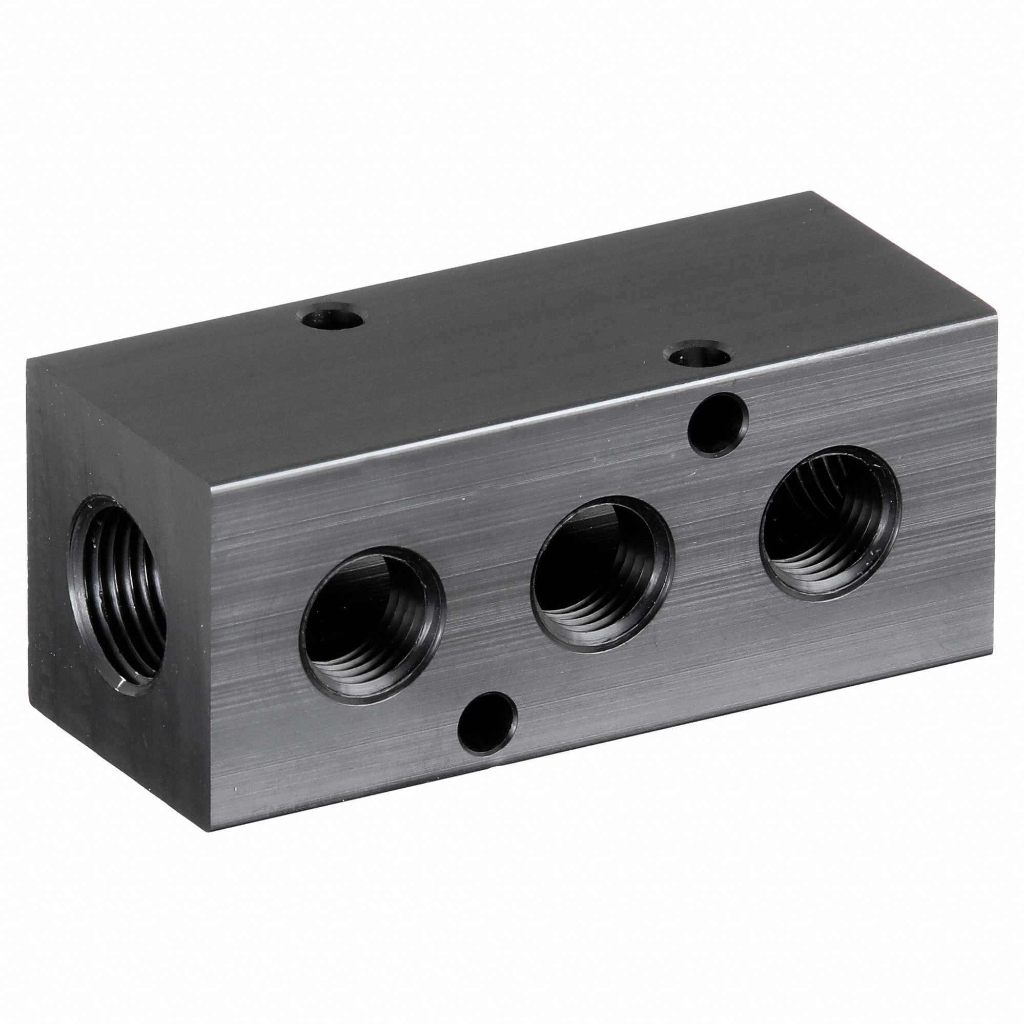 MANIFOLD: INLINE, BLACK ANODIZED 6061 ALUMINUM, 3 OUTLETS, ⅜ IN FEMALE NPT INLET