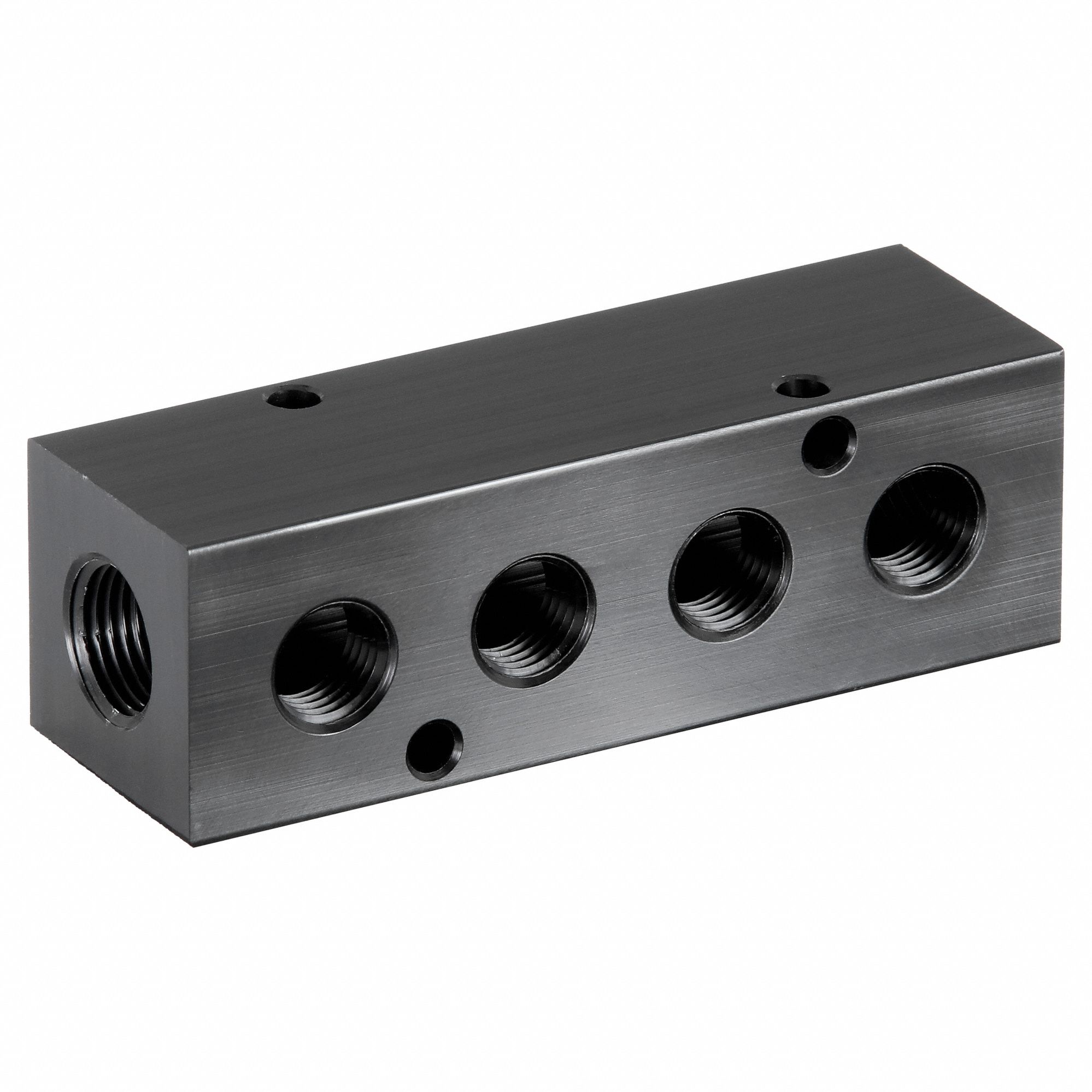 MANIFOLD: INLINE, BLACK ANODIZED 6061 ALUMINUM, 4 OUTLETS, ⅜ IN FEMALE NPT INLET