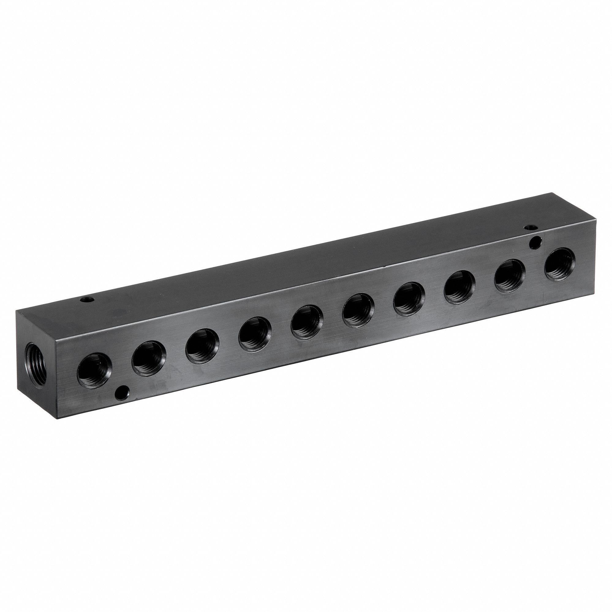 MANIFOLD: INLINE, BLACK ANODIZED 6061 ALUMINUM, 10 OUTLETS, ⅜ IN FEMALE NPT INLET