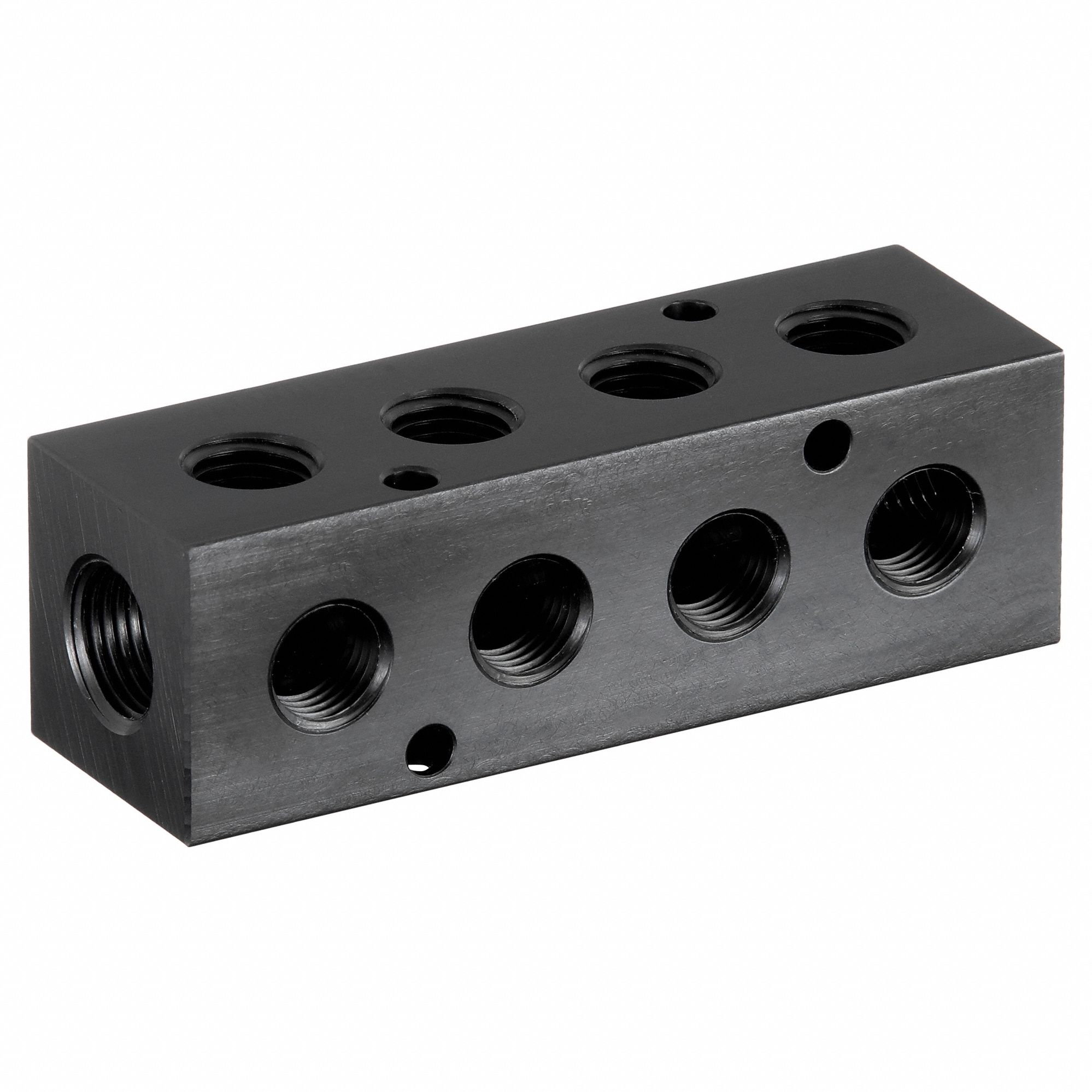 MANIFOLD: RIGHT-ANGLE, BLACK ANODIZED 6061 ALUMINUM, 4 OUTLETS, ⅜ IN FEMALE NPT INLET