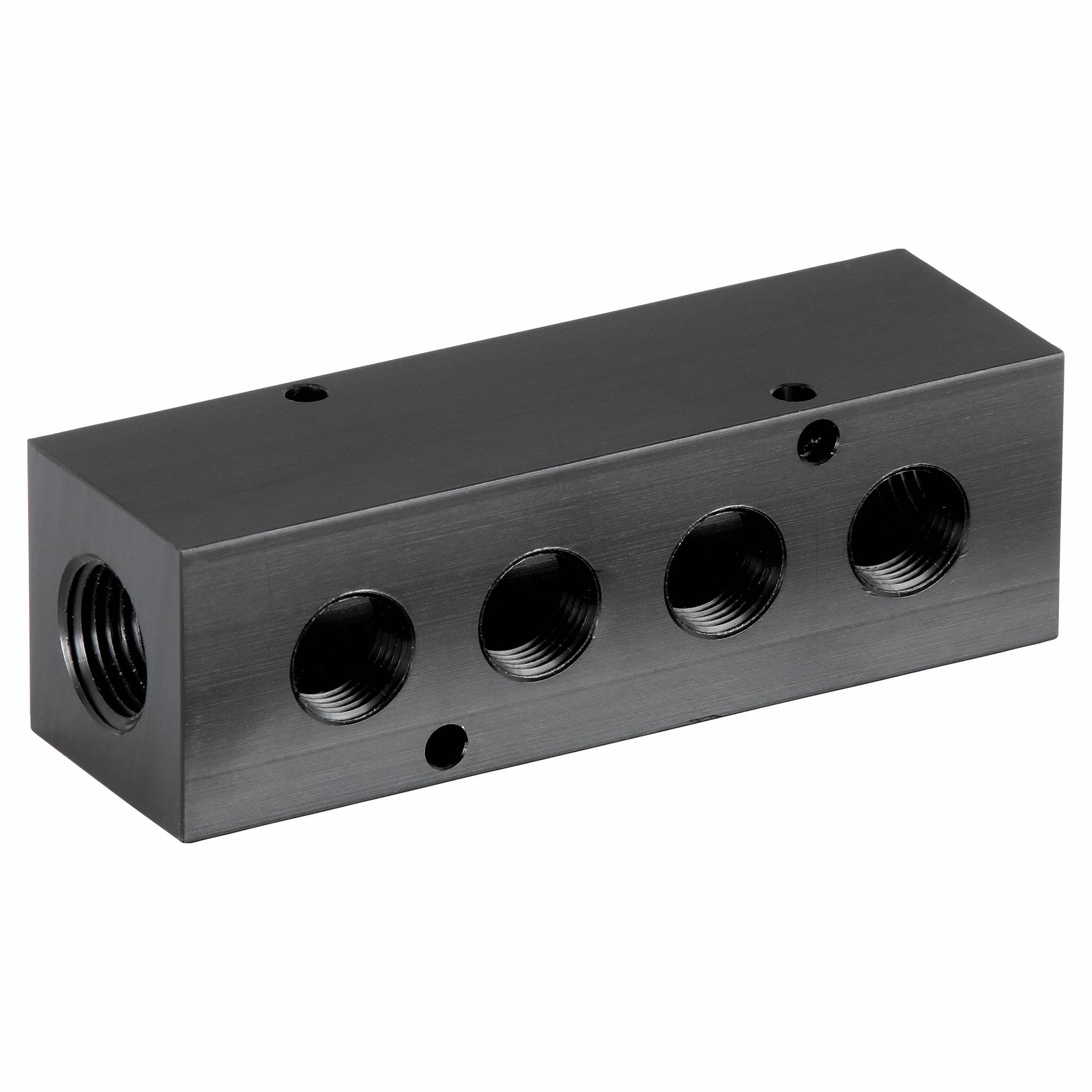 MANIFOLD: INLINE, BLACK ANODIZED 6061 ALUMINUM, 4 OUTLETS, ½ IN FEMALE NPT INLET