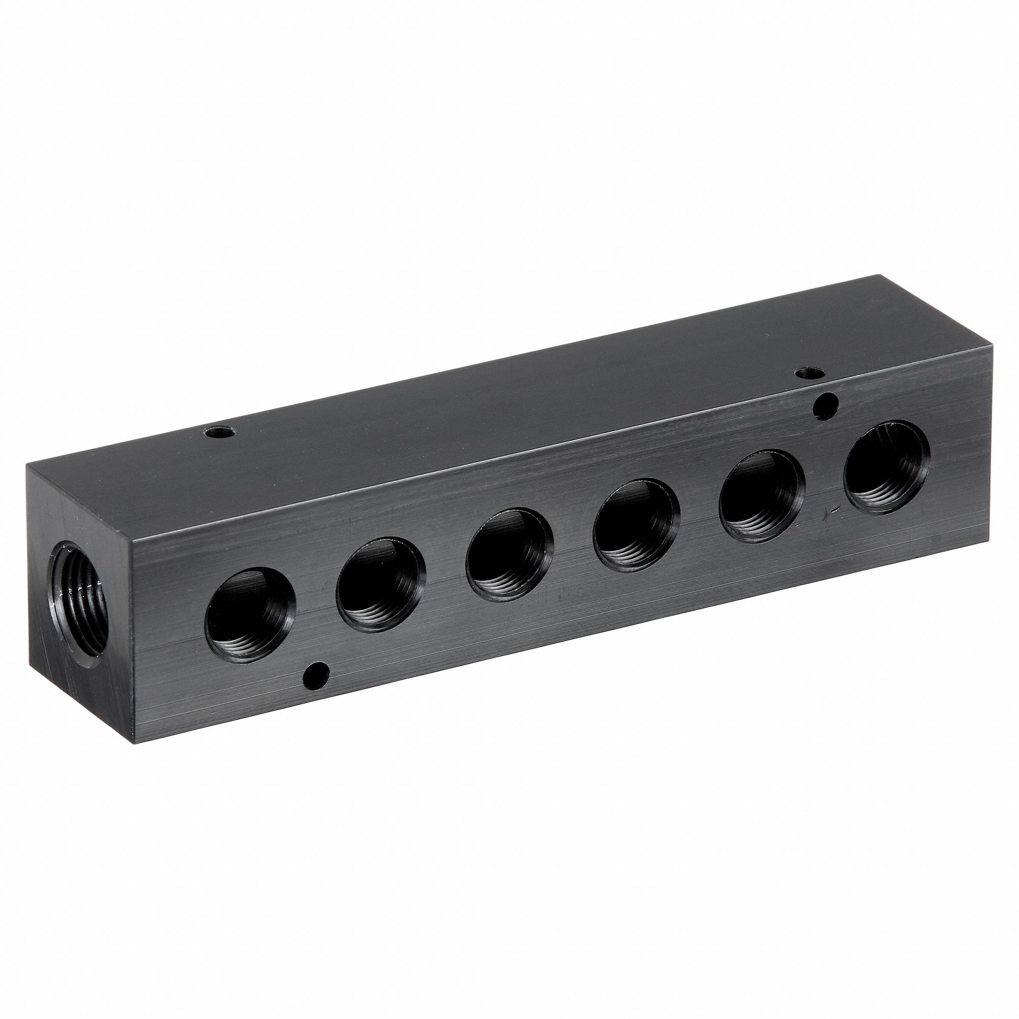 MANIFOLD: INLINE, BLACK ANODIZED 6061 ALUMINUM, 6 OUTLETS, ½ IN FEMALE NPT INLET