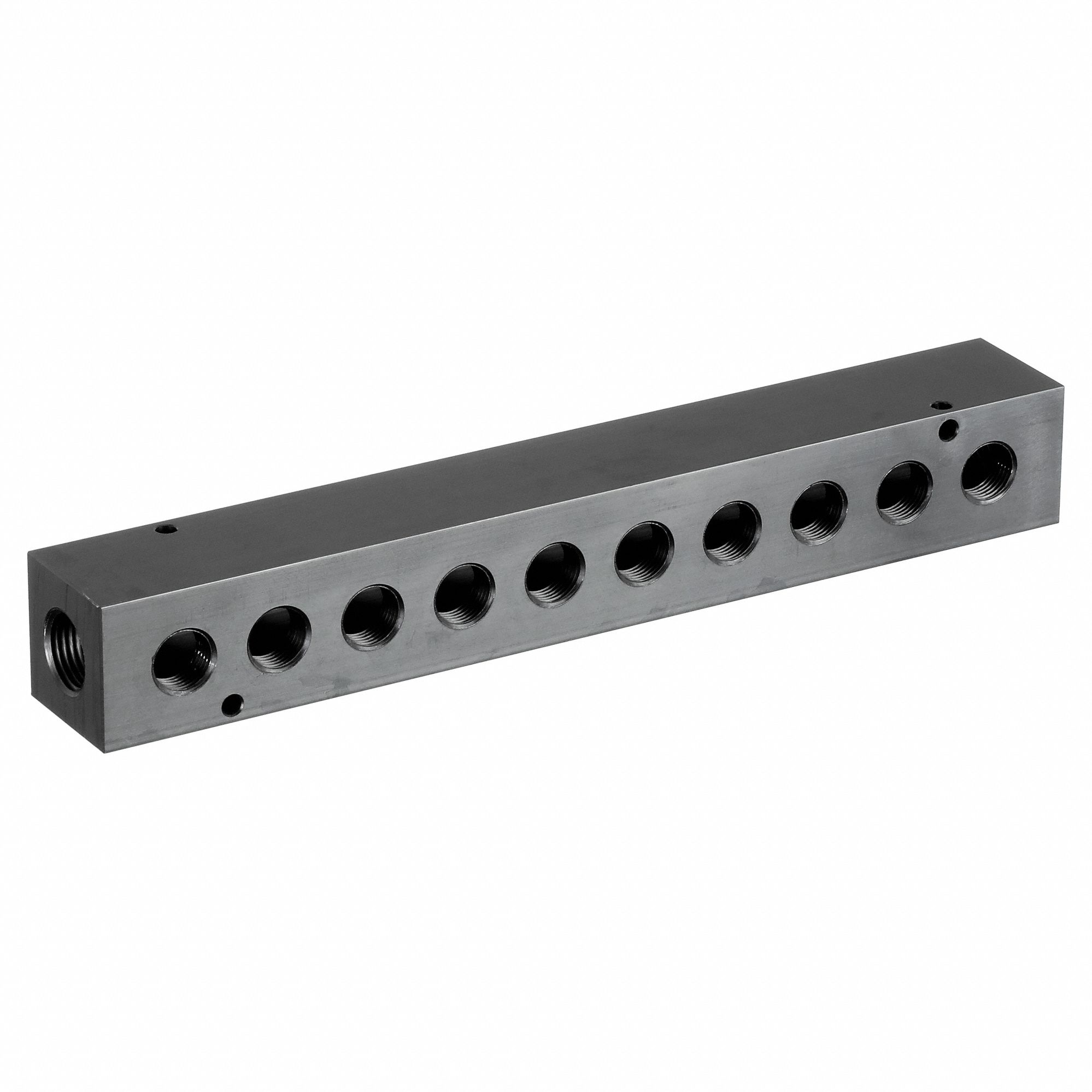 MANIFOLD: INLINE, BLACK ANODIZED 6061 ALUMINUM, 10 OUTLETS, ⅜ IN FEMALE NPT INLET