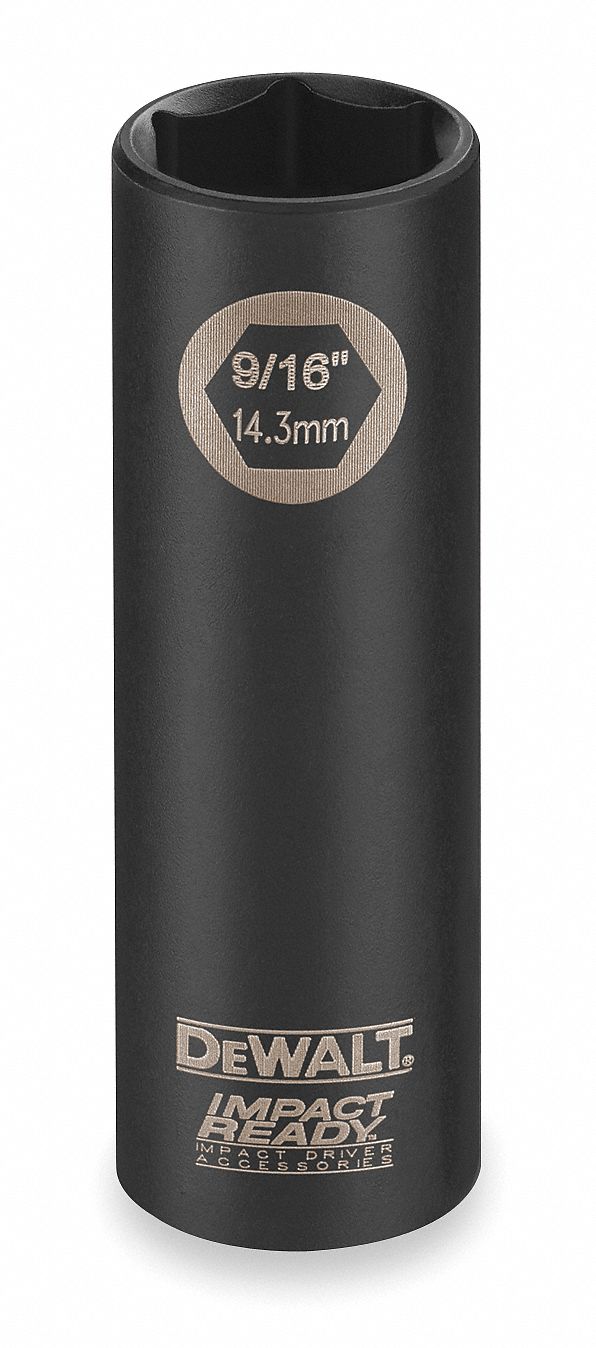 Impact Socket: 1/2 in Drive Size, SAE, 9/16 in Socket Size, 6-Point, Deep, Black Oxide