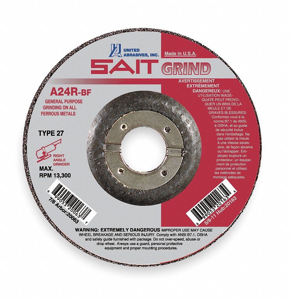 DEPRESSED CENTRE GRINDING WHEEL, TYPE 27, 4½ IN X ¼ IN X ⅞ IN, ALUMINUM OXIDE, 24 GRIT, A24R