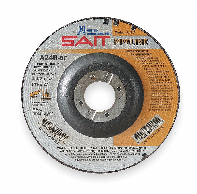 Cut-Off & Grinding Wheel: Type 27, 5" x 1/8" x 7/8", Aluminum Oxide, 24 Grit, A24R Pipeline