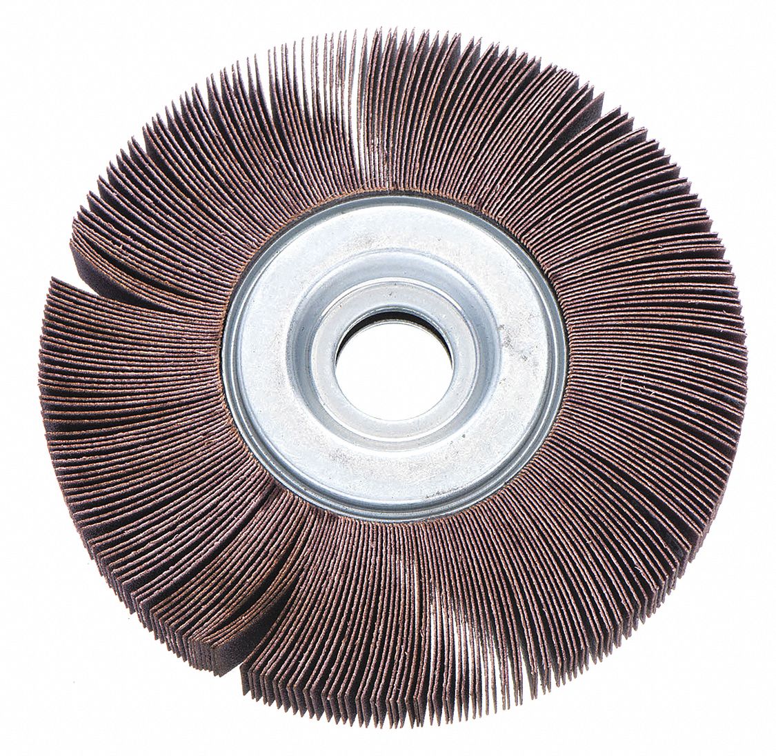 FLAP WHEEL, 6 IN DIAMETER X 1 IN W, 1 IN ARBOUR, ALUMINUM OXIDE, P120 GRIT, X WEIGHT COTTON, R369