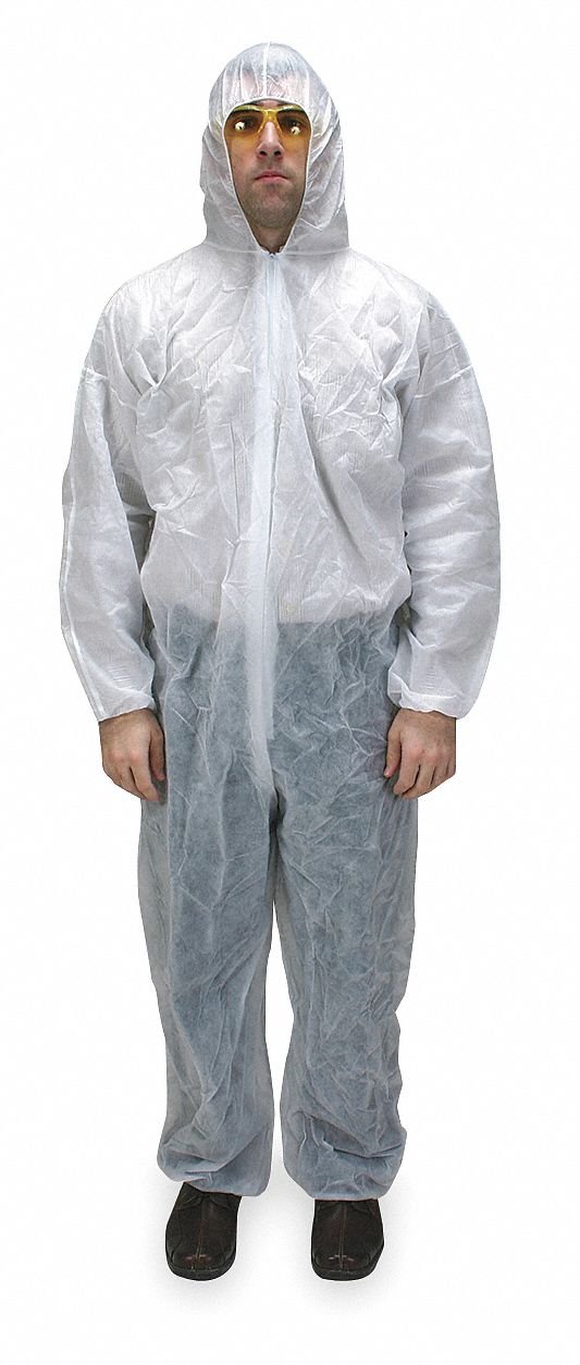 HOODED DISPOSABLE COVERALLS, PP, ELASTIC CUFFS/ANKLES, SERGED SEAM, XL, 25 PK, WHITE